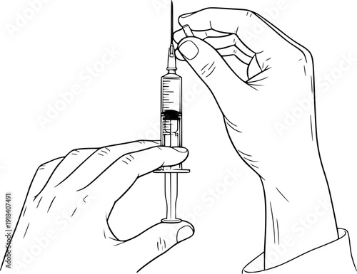 Illustration of hands of medical personnel preparing syringe with vaccine for intramuscular injection
