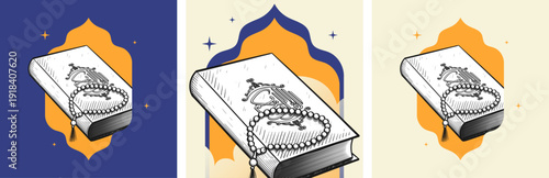 Al Quran illustration. Islamic vector art featuring Al Quran and prayer beads for poster, banner, or card.