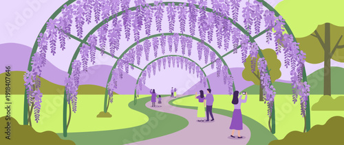 Flat Vector Illustration of a Scenic Wisteria Tunnel Walkway in Full Bloom with People Taking Photos and Enjoying the Beautiful Purple Flowers in a Lush Garden Park during Spring Season