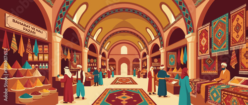 Flat vector illustration of a traditional Turkish bazaar featuring vibrant spice stalls, handwoven carpets, and people in ethnic attire within a grand arched marketplace interior setting.