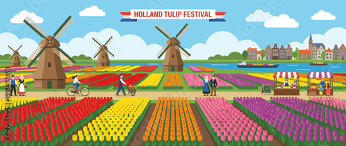 Holland Tulip Festival illustration featuring vibrant rows of colorful flower fields, traditional windmills, Dutch city skyline, people walking, cycling, and market stalls in a spring landscape.