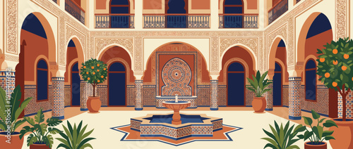 Flat vector illustration of a traditional Moroccan riad courtyard featuring intricate mosaic tile patterns, a central star-shaped fountain, arched doorways, orange trees, and lush green plants.