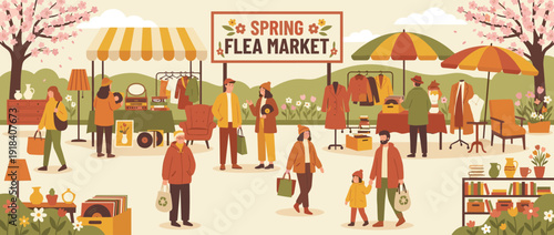 Vibrant flat vector illustration of a spring flea market with diverse people browsing vintage finds, antique furniture, vinyl records, and second-hand clothing at an outdoor community event.