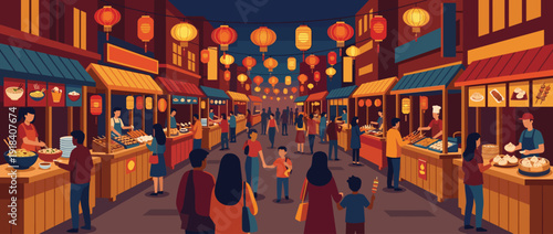 Flat Vector Illustration of a Bustling Asian Night Market with Glowing Red Lanterns, Street Food Stalls, Vendors Serving Dumplings and Noodles, and People Enjoying a Vibrant Evening Atmosphere.