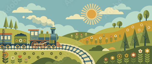 Flat vector illustration of a vintage steam train traveling through a scenic blooming countryside with rolling green hills, colorful wildflowers, a bright sun, and fluffy clouds in the sky.
