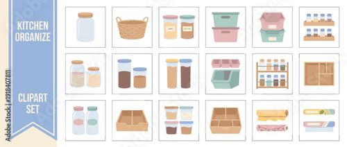 Minimalist Vector Icon Set of 20 Kitchen Organization and Pantry Storage Items. Flat Design Clipart with Glass Jars, Wicker Baskets, Spice Racks, Plastic Bins, and Drawer Organizers in Soft Pastel.