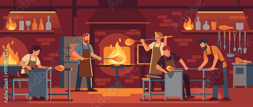 Traditional glassblowing workshop vector illustration featuring skilled artisans shaping glowing molten glass with blowpipes near hot furnaces in a warm, atmospheric craft studio setting.