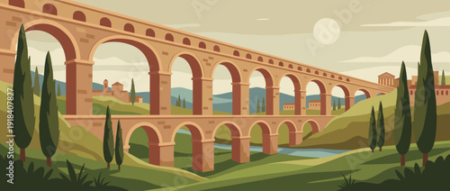 Flat vector illustration of a scenic ancient Roman aqueduct spanning a green valley with a river, cypress trees, and rolling hills under a warm sky, historical architecture and landscape art.
