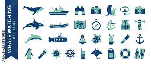 Whale Watching and Ocean Expedition Vector Icon Set with 28 Flat Design Elements. Features Marine Life, Nautical Equipment, Scuba Diving Gear, and Navigation Tools in a Modern Duotone Style.