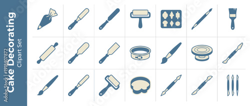 Set of 20 Cake Decorating and Fondant Tool Icons in Flat Design Duotone Style. Includes Piping Bag, Rolling Pin, Spatulas, Brushes, Turntable, Springform Pan, and Sculpting Tools for Pastry Chefs.