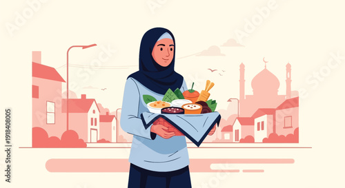 Woman in Hijab Holding Food Box.