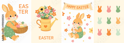 Cute Easter collection with bunny character, decorated eggs, spring flowers and greeting cards. Holiday children design for postcard. Flat vector illustration isolated on background.