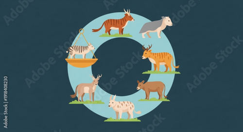 Circle diagram showing a diverse group of wild animals in a cyclical flow, representing conservation efforts.