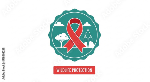 Red ribbon symbol for wildlife protection against a teal background with icons of nature and buildings