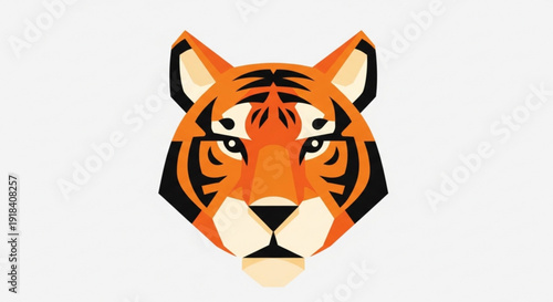 Geometric illustration of a tiger's face with sharp lines and vibrant orange, black, and white colors.