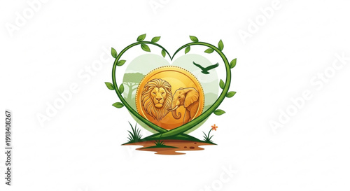 Heart-shaped tree frame enclosing a lion and elephant, symbolizing love and conservation for wildlife.
