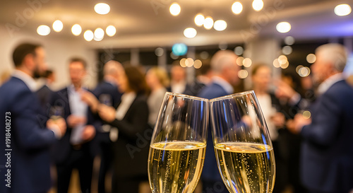 Close-up of two champagne glasses clinking during a corporate business party or networking event with blurred background.