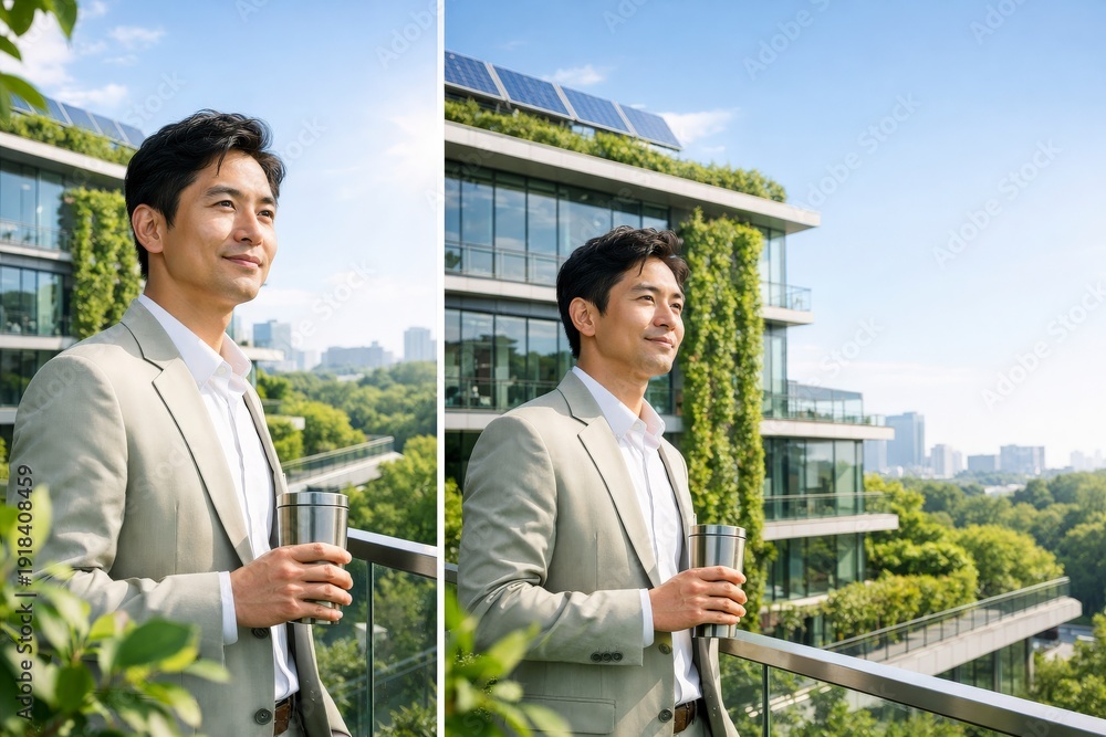 Fototapeta premium Green Balcony Oasis: A man on a building's green balcony, savoring a beverage amidst the lush, eco-friendly design, enjoying the city panorama.