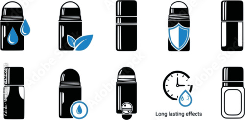 Deodorant roll on icons set in black and blue colors on white background
