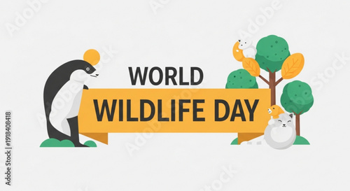 Whimsical World Wildlife Day illustration featuring a penguin, cat, and baby animals celebrating conservation and nature