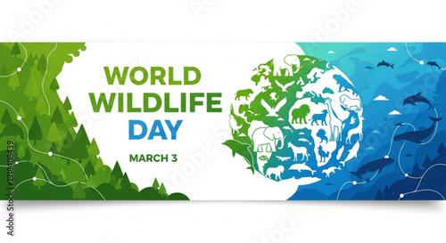 World Wildlife Day banner with diverse animals and nature graphic, celebrating conservation and March 3rd event