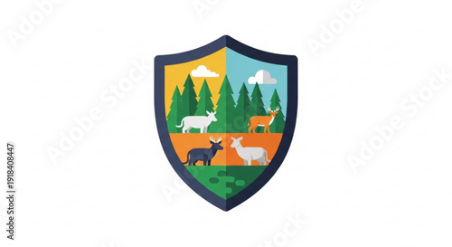 Stylized shield emblem with forest and wildlife icons, representing nature protection and conservation efforts