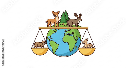 Illustration of animals on a scale balanced over the Earth, symbolizing the importance of wildlife conservation and ecological balance