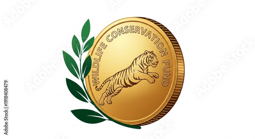 Golden coin featuring a leaping tiger and the text 'Wildlife Conservation Fund', symbolizing support for animal protection and environmental causes.