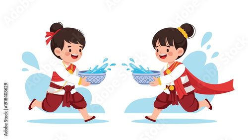 Joyful Thai children in traditional attire happily running with bowls of splashing water, capturing the vibrant and playful spirit of the Songkran festival.