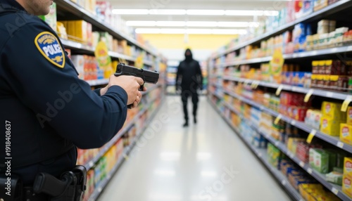 A police officer is aiming a firearm down a supermarket aisle at a distant, blurred figure, conveying a tense situation or confrontation.