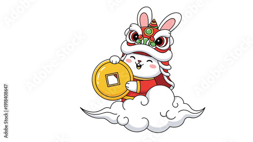 Adorable rabbit in traditional Chinese lion dance costume holding a large gold coin, symbolizing good fortune and prosperity for the New Year, sitting on a fluffy cloud.