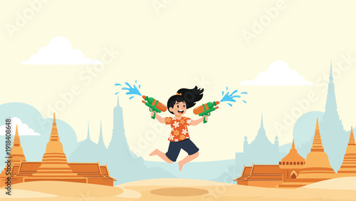 Joyful child enthusiastically jumping and playing with two water guns amidst a serene backdrop of traditional Thai temples during a festive celebration.