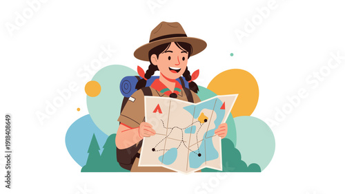 Enthusiastic young girl scout wearing a hat and backpack, happily navigating an outdoor adventure with a detailed map in hand, ready for exploration.