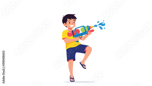 Energetic young boy happily playing with a colorful water gun, captured mid-jump, enthusiastically celebrating summer fun and playful outdoor water activities.