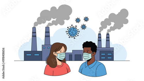 Two diverse individuals wearing face masks, standing in front of polluting factories with visible virus cells in the air, highlighting environmental and health concerns.