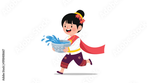 Joyful girl in traditional Thai attire happily running with a bowl of splashing water, celebrating a cultural festival with enthusiasm.