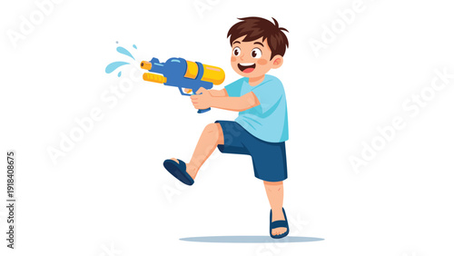 Enthusiastic young boy happily playing with a colorful water gun, splashing water with a big smile and joyful energy.