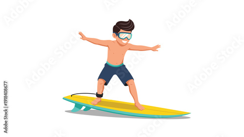 Energetic young boy skillfully balancing on a surfboard, wearing goggles and shorts, ready to catch a wave with excitement.