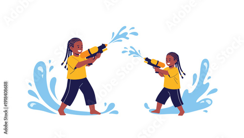 Two joyful African-American girls enthusiastically playing with water guns, creating a fun and energetic water splash against a white background.