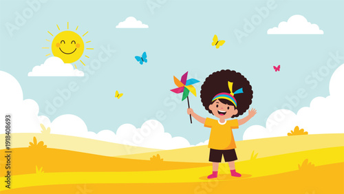 Happy child with an afro hairstyle joyfully holding a colorful pinwheel in a bright, sunny outdoor landscape with butterflies.
