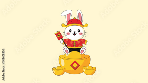 Happy rabbit in traditional Chinese attire sitting on a pile of golden ingots, holding a lucky banner, symbolizing wealth and good fortune.