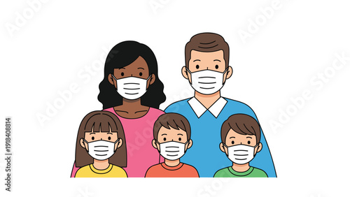 Diverse family of parents and children wearing protective face masks, standing together, symbolizing health, safety, and community well-being.