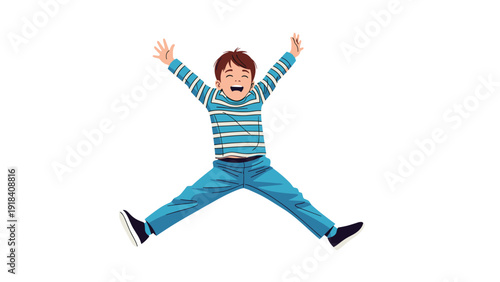 Energetic young boy joyfully jumping high in the air with arms and legs spread wide, radiating happiness and excitement.