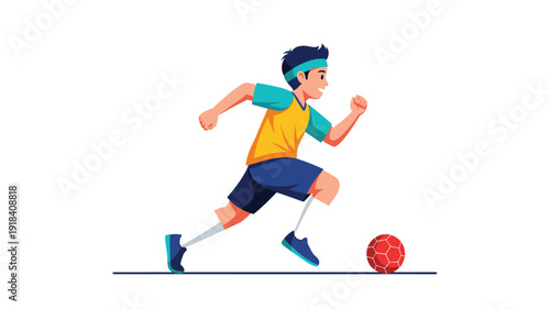 Energetic young boy happily running with a soccer ball, actively playing the sport with enthusiasm and a cheerful smile.