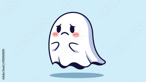 Adorable cartoon ghost with a sad and shy expression, gently floating with a subtle shadow beneath, radiating a melancholic aura on a blue background.