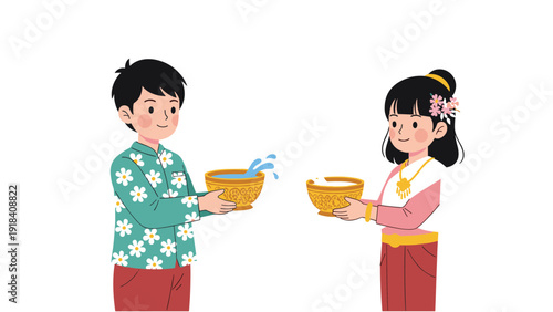 Joyful boy and girl in traditional Thai attire respectfully exchanging bowls of water, symbolizing a cultural blessing during a festival.