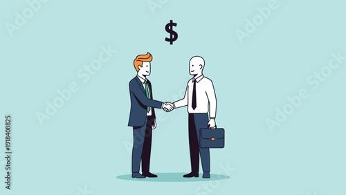 Two diverse businessmen in suits shake hands, symbolizing a successful partnership, business deal, or financial agreement under a prominent dollar sign.