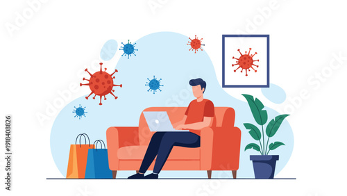 Man diligently working from home on his laptop, surrounded by floating coronavirus cells, emphasizing remote work during a pandemic.