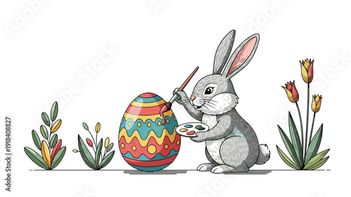 Creative Easter bunny diligently painting a colorful striped Easter egg amidst festive spring flowers and lush green plants.