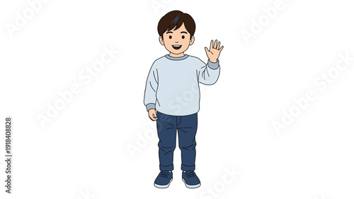 Happy young boy with a cheerful smile, confidently standing and waving hello, radiating a friendly and welcoming aura.